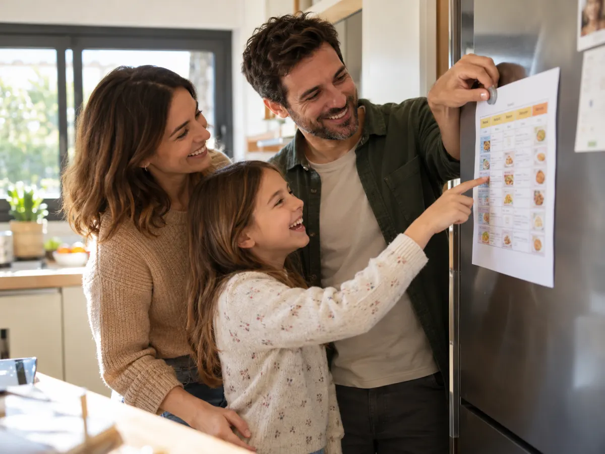 Una familia pegando en la nevera el menú semanal impreso